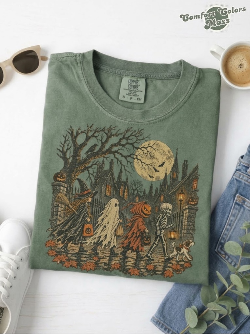 Comfort Colors Moss Halloween Trick-or-Treat Graphic Tee